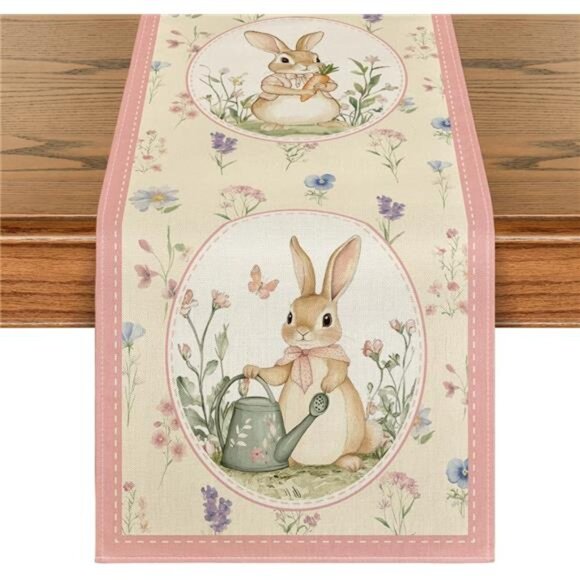 Other - Bunny Rabbit Kettle Floral Flower Easter Table Runner,Seasonal